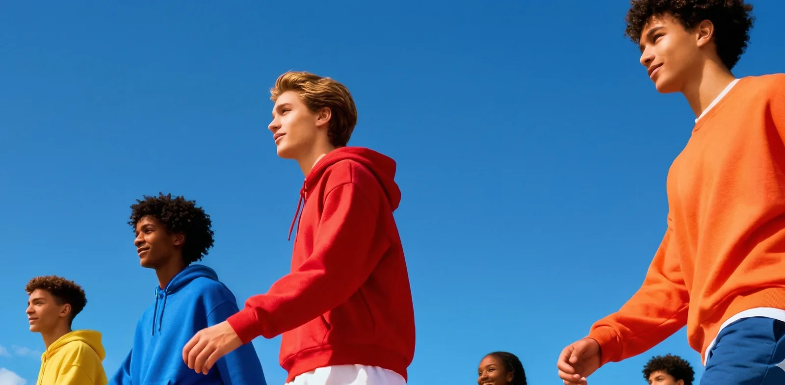 A group of smiling diverse young people walking outdoors against a clear blue sky, wearing colorful hoodies and sweatshirts.