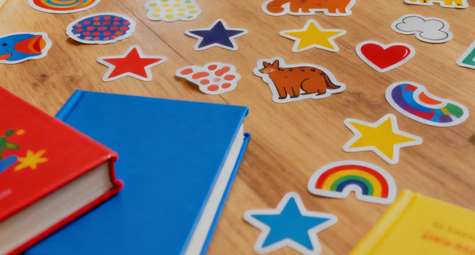 Colorful stickers including stars, rainbow, heart, cat, fish, and cloud scattered on a wooden surface near red, blue, and yellow books.