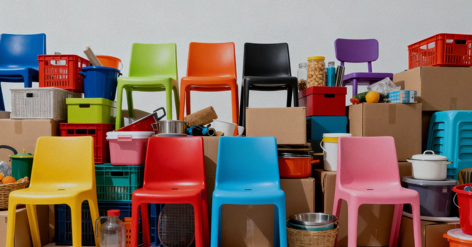 Stacked colorful plastic chairs in front of piled cardboard boxes and various household items and containers.