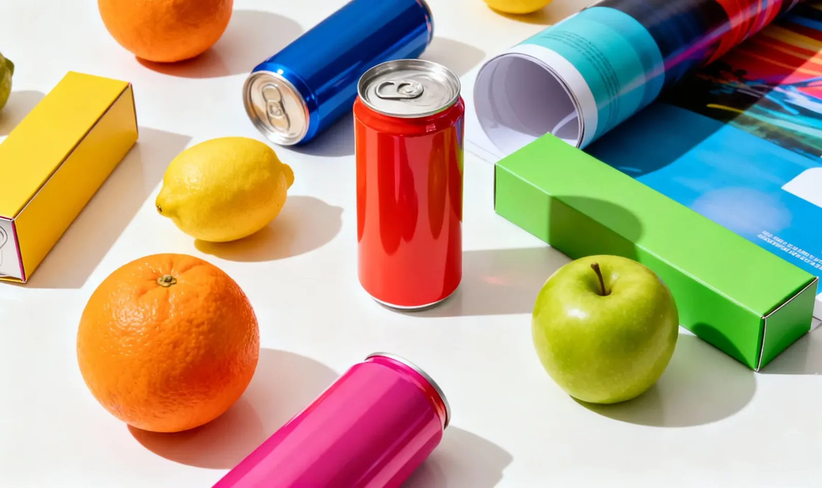 Brightly colored cans alongside fresh fruits including an orange, lemon, and green apple on a white surface.