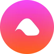 White abstract curved shape on a pink to orange gradient circular background.