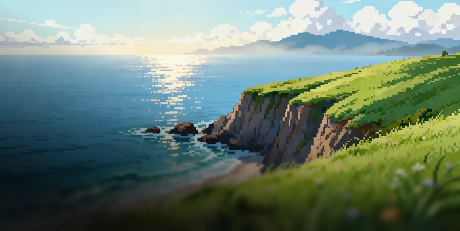 Pixel art style image of a grassy cliff overlooking a calm ocean with sunlight reflecting on the water under a partly cloudy sky.