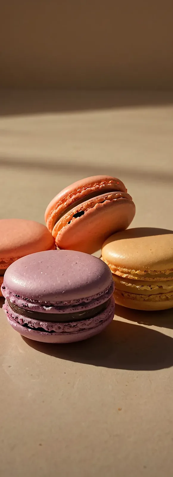 Close-up of four colorful macarons in purple, orange, yellow, and peach on a beige surface with sunlight casting shadows.