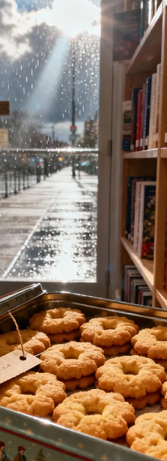 Tin of round, golden cookies with a hole in the center on a windowsill with rain outside and bookshelves to the side.