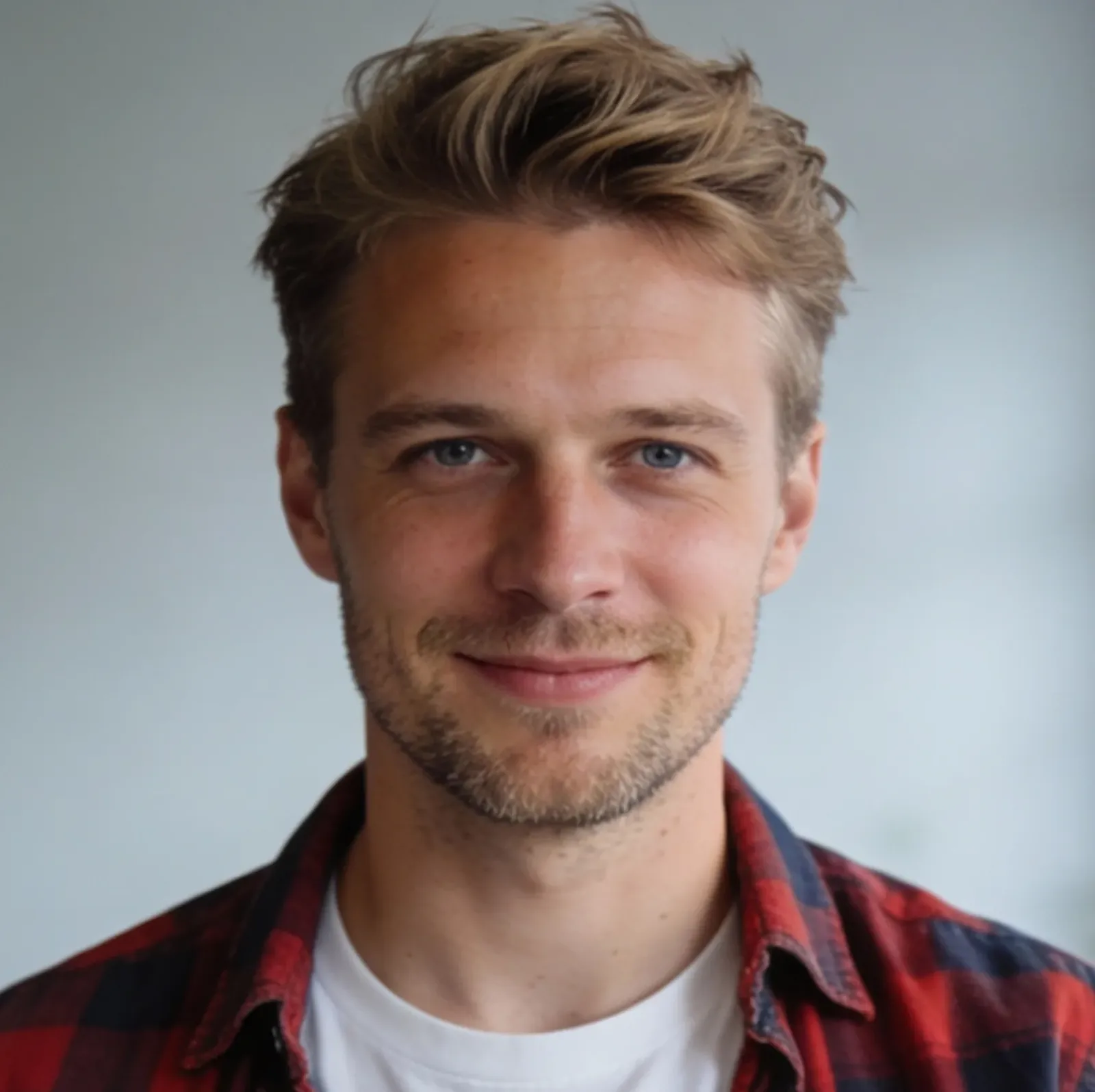 Smiling young man with light brown hair and blue eyes wearing a red and black checkered shirt over a white t-shirt.