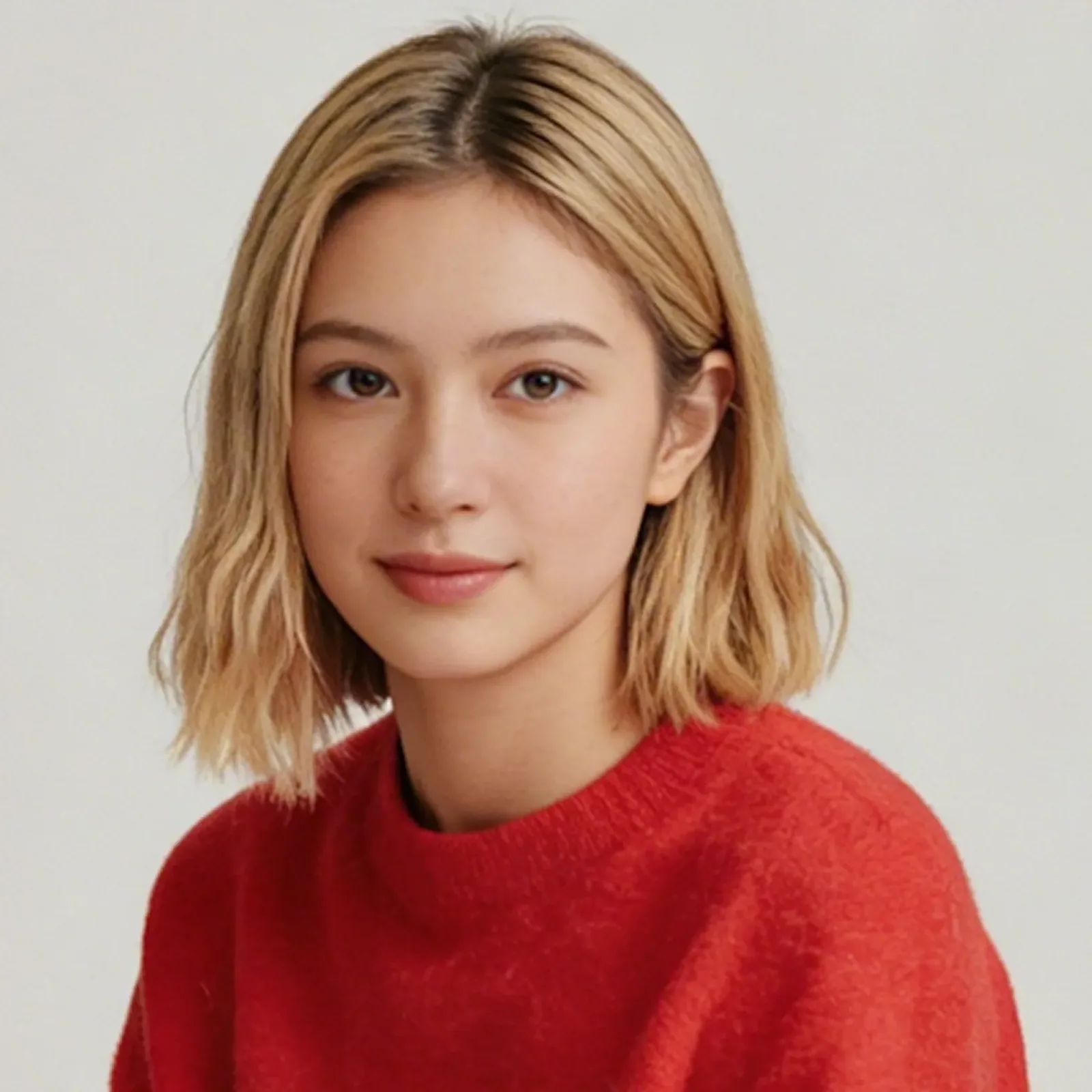 Young woman with shoulder-length blonde hair wearing a red sweater, smiling gently at the camera.