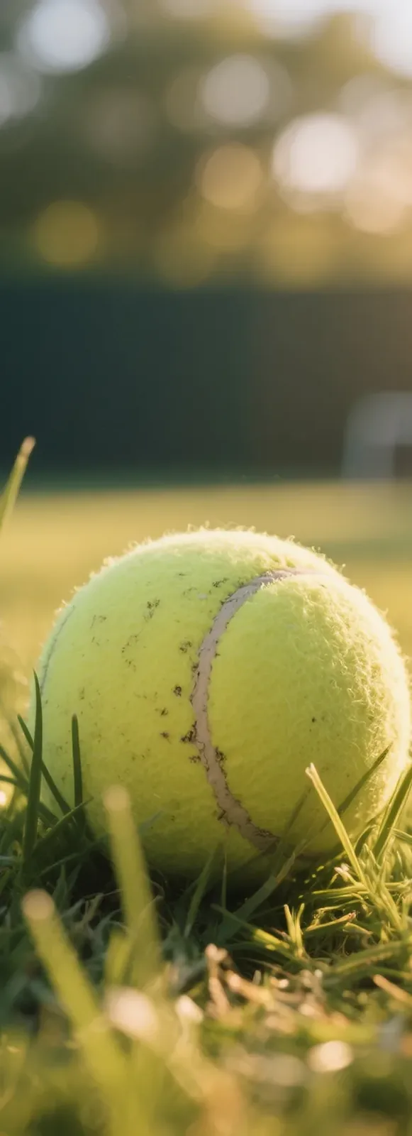 Close-up of a used tennis ball resting on green grass with sunlight and blurred background.