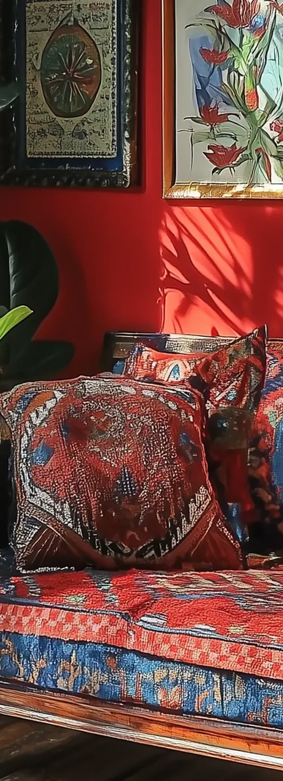 A vibrant couch with patterned red and blue cushions against a bold red wall with framed art and a large green plant nearby.